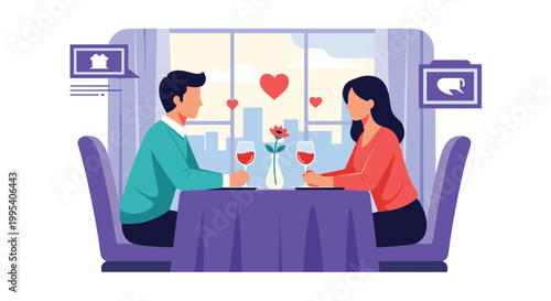 Romantic couple having a candlelit dinner date at a restaurant with red wine a flower and floating hearts in the background.