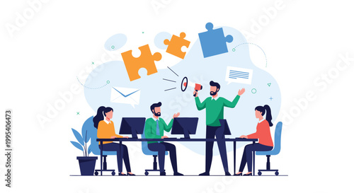 Team leader with a megaphone coordinating a group of office workers with large jigsaw puzzle pieces floating in the background.