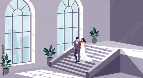 Elegant couple in wedding attire walking down a grand staircase in a bright room with large arched windows and plants.