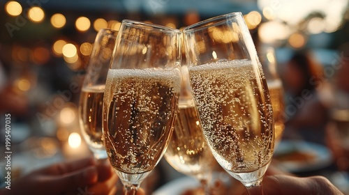 Festive Sparkling Golden Champagne Glasses Clinking Together in a Celebratory Toast at an Elegant Evening Party Event
