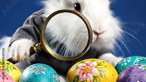A white rabbit in a hat examines colorful Easter eggs with a magnifying glass, festive background