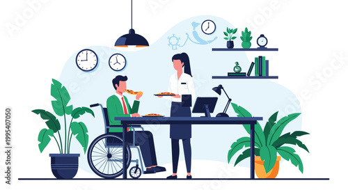 Professional waitress serving food to a man in a wheelchair at a table in a modern cafe with indoor plants and clocks.