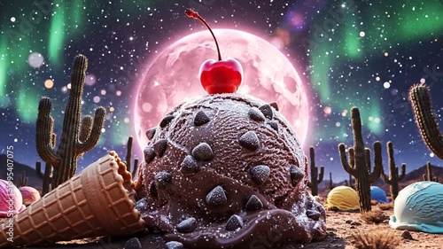 A whimsical chocolate ice cream mountain topped with a cherry under a vibrant moonlit sky