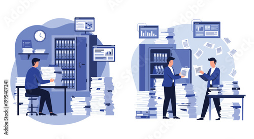 Comparison between organized and disorganized office environments shows workers managing large amounts of documents and filing cabinets.