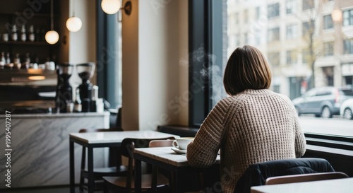 Woman Enjoys Coffee While Sitting in Cozy Cafe with Urban View