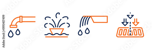 Urban waste drainage icons vector, stormwater roof drain gutter pipes and sewer system symbols in outline editable stroke design set