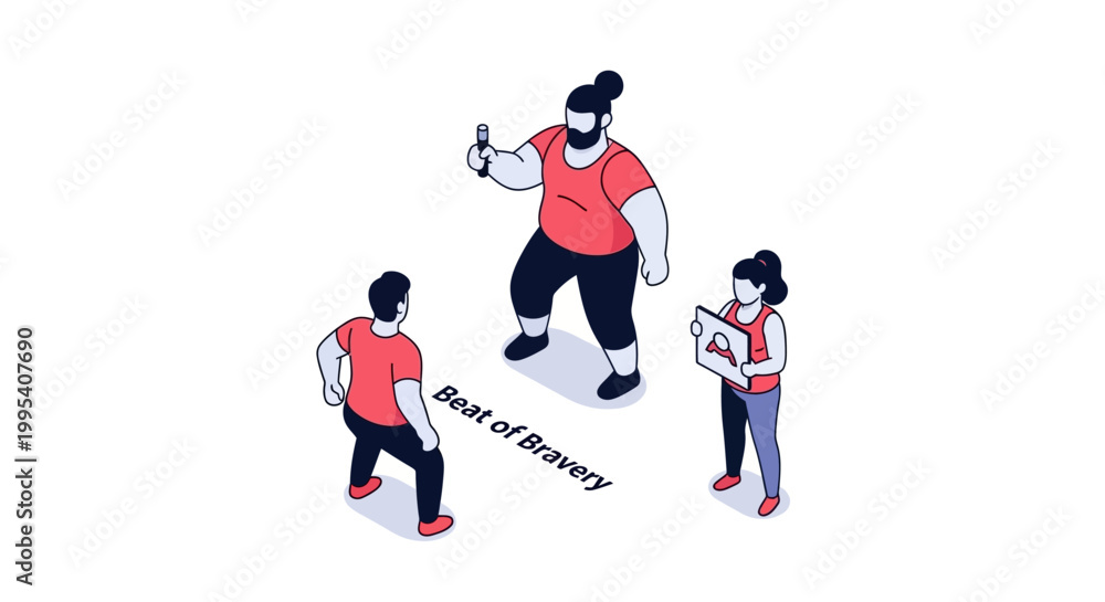 Fototapeta premium Isometric Illustration of People with a Sign and Phone, Best of Bravery.