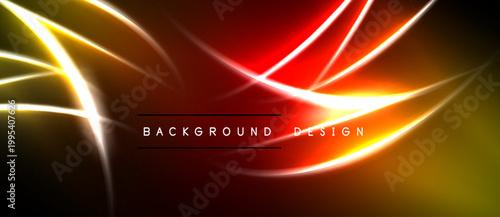Abstract neon lines create vibrant energy. Red, yellow hues dominate dark background. Modern design element.