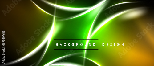 Abstract neon lines create dynamic, glowing visual. Green, gold hues dominate dark background. Modern design element.