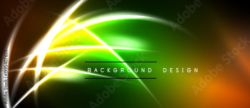 Bright abstract lines create dynamic energy. Green, yellow, orange hues blend with black background. Text reads background design.
