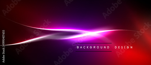 Abstract vibrant lines create dynamic energy. Purple, red hues blend into dark background. Modern design element for digital projects.