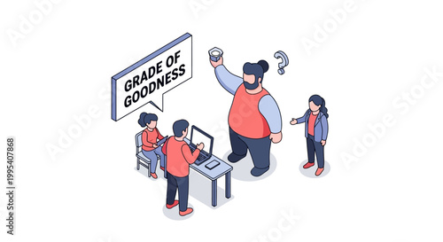 Isometric Illustration of People Discussing Grade of Goodness Concept.