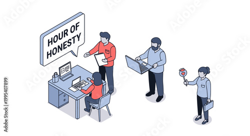 Isometric Illustration of People in a Business Meeting Discussing Honesty.