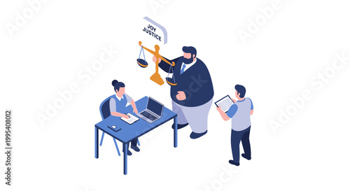 Isometric illustration of legal professionals working on a case in the office.