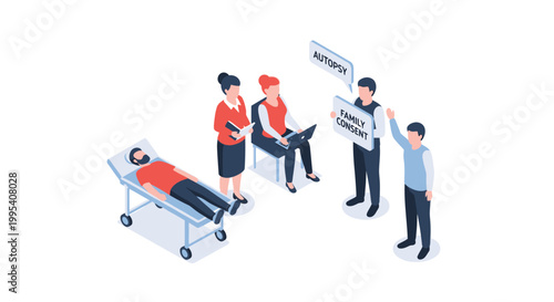 Isometric illustration of medical staff attending to a patient on a gurney.