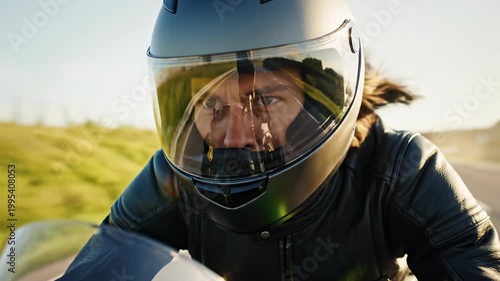 Close up of a woman riding a motorcycle on a sunny day.
