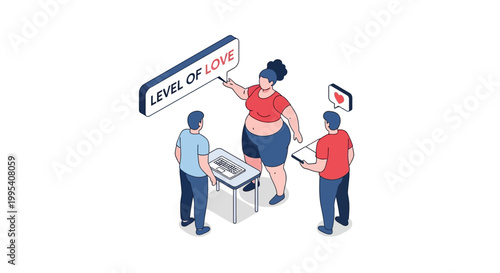 Isometric illustration of people discussing level of love concept.