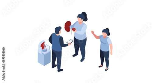 Isometric Illustration of Doctors and Patients with Kidney Model.