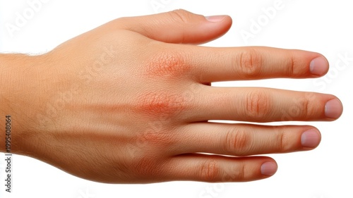Hand with red rash close up view of a human hand displaying a distinct red rash highlighting skin irritation