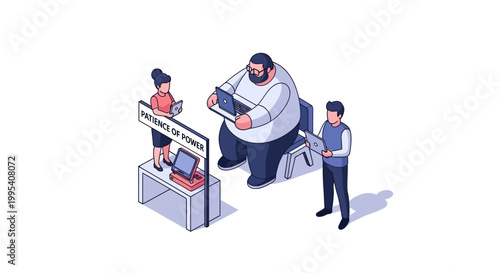 Isometric Illustration of People Interacting with Laptop Computers at a Tech Demo.