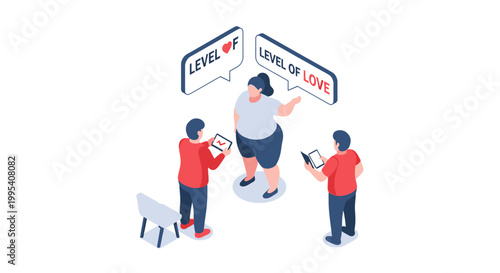 Isometric illustration of people discussing levels of love and relationships.
