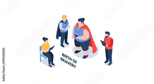 Isometric Illustration of Superheroes in a Circle with Capes and Courage.