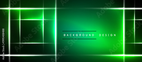 Abstract green background features glowing lines forming rectangles. Dark areas contrast bright neon elements. Modern design aesthetic.