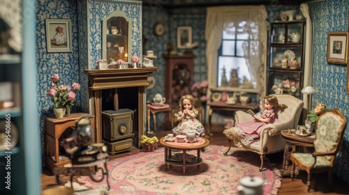 A dollhouse interior with fully furnished rooms and miniature furniture.