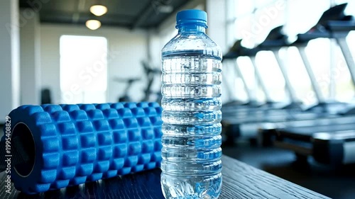 Clear water bottle and blue foam roller on a gym bench with treadmills in the background