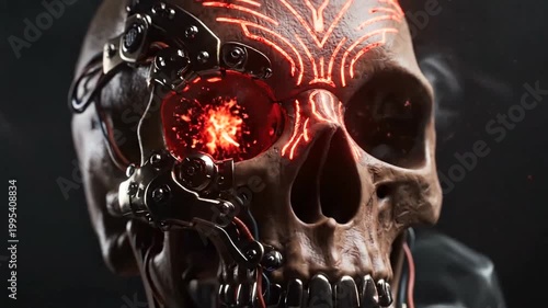 Futuristic cyborg skull with glowing red eye and intricate mechanical details against dark backdrop