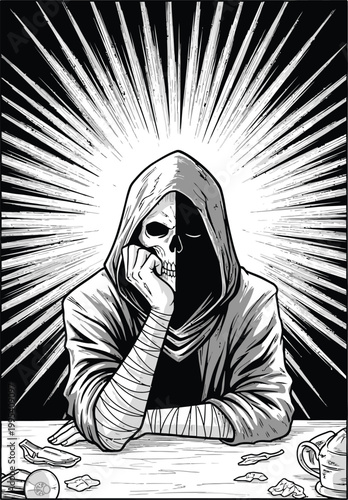 Grayscale illustration of hooded skeleton sitting at a table thinking deeply alone