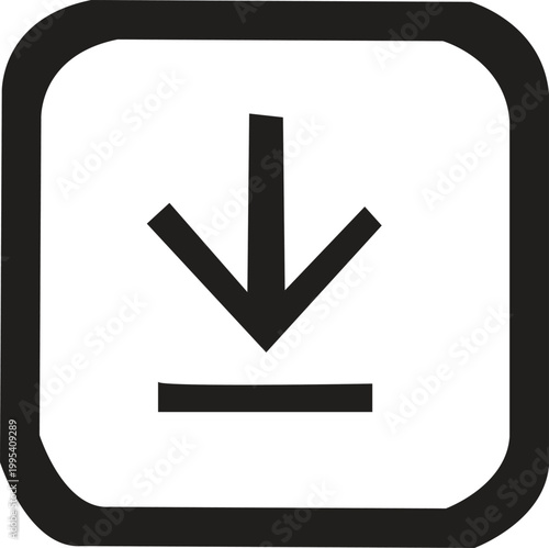 Minimalist download icon vector, black arrow pointing down inside rounded square frame, digital file transfer symbol for web and app interface