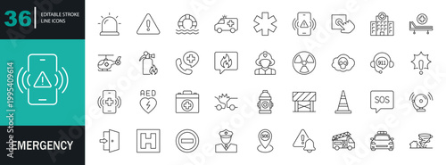 Emergency icon set. Containing SOS, accident, natural disaster, rescue service, evacuation, ambulance, help, warning, exit, and more. Editable line icons. Vector illustration.