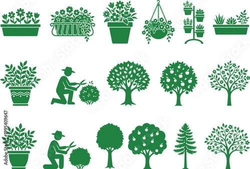 Green plants in pots hanging baskets trees and gardener trimming shrub outdoor.