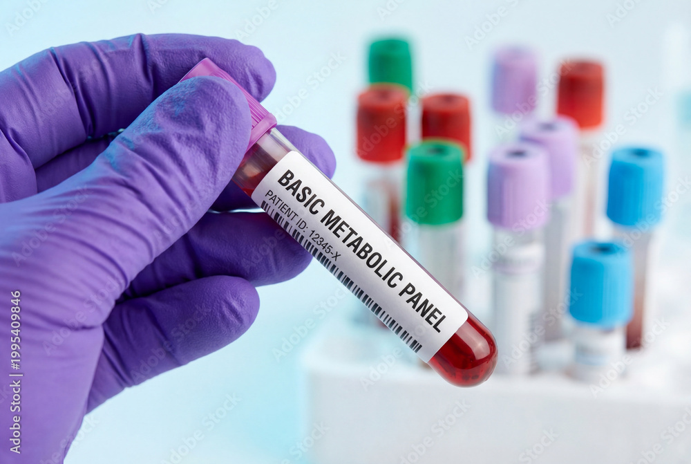 Naklejka premium Scientist holding a blood sample for a basic metabolic panel test in a medical laboratory