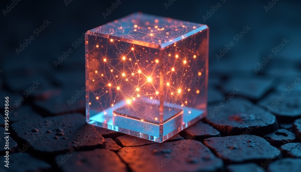 Obraz premium Abstract glowing cube containing bright interconnected particles and networks in a dark textured environment with blue