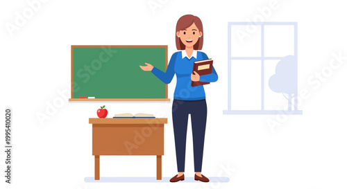 Teacher presenting in classroom with blackboard desk and apple illustration