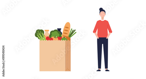 Grocery bag with vegetables and human character illustration