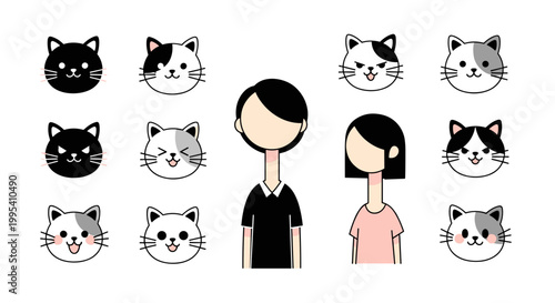 Cat faces collection with human characters illustration