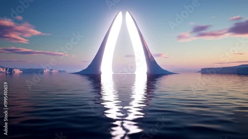 Futuristic landscape featuring towering structures reflecting in calm waters at sunset