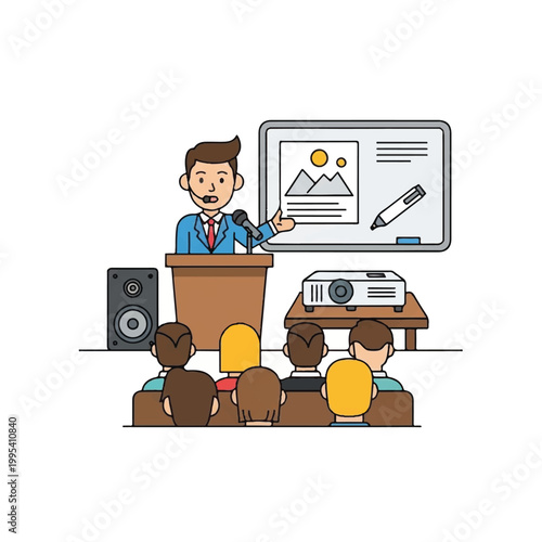 Businessman giving presentation to audience.