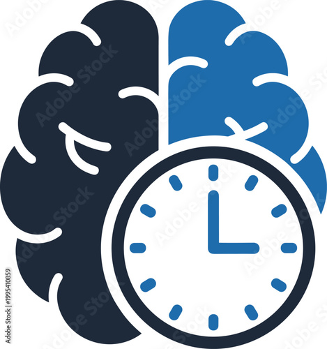 Brain time management icon with analog clock symbol for mental productivity and cognitive reaction speed planning.