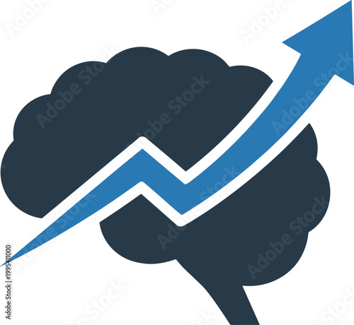 Brain training success chart icon with blue upward arrow for cognitive growth concept and mental intelligence peak.