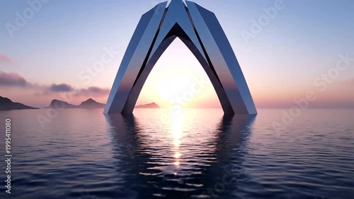 Futuristic metallic arch structure reflecting sunlight over tranquil ocean waters at sunset