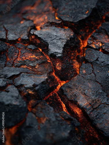 Close-up of Cracked Lava Rock with Glowing Embers