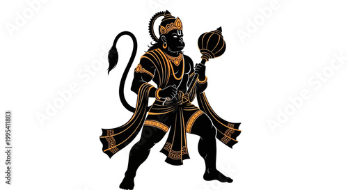 A striking Hanuman Jayanti silhouette illustration showcases the Hindu god in a powerful stance, holding a mace, rendered with sharp lines and contrasting colors against a clean white