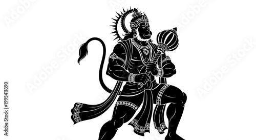 A Hanuman Jayanti silhouette illustration displays the Hindu god in a powerful stance, holding a mace, with intricate details against a clean white background, rendered in a stark black