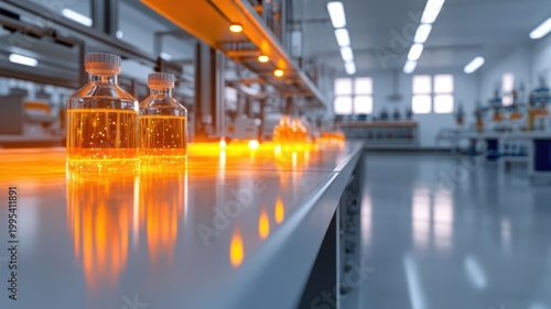 Laboratory with orange liquid a scientific setting featuring a prominent amount of vibrant orange liquid in containers within the lab