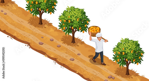 Isometric illustration showcasing the mango harvest in India, where workers in traditional clothing pack ripe mangoes into wooden crates near vintage scales, conveying the essence