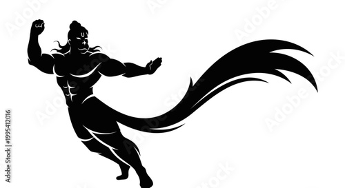 A powerful Hanuman Jayanti silhouette in dynamic motion is depicted in this high-contrast vector illustration against a clean white background, showcasing a strong and revered figure